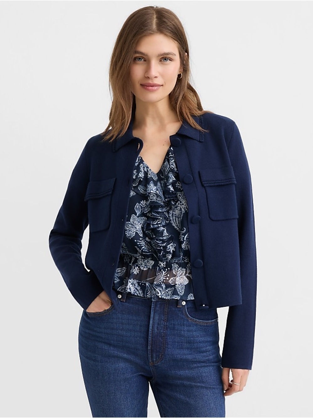 *New w/tag*LOFT Embroidered Trim Sweater Jacket. Size: M. Color: Deep Space Blue